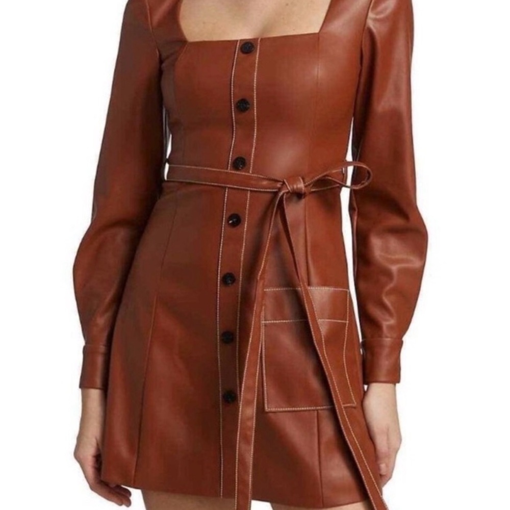 STAUD Oz Faux Leather Belted Mini Dress Whiskey Brown S